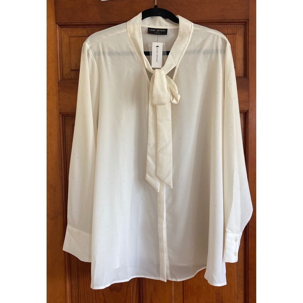 Lane Bryant Womens 22/24 Cream Gold Studded Tie Neck Blouse Sheer Classic Office
